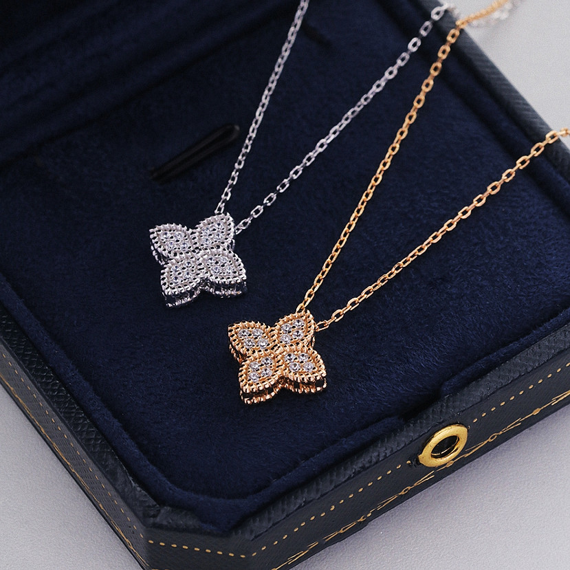 意大利四叶草满钻项链女纯银玫瑰金白金锁骨链复中古宫廷风百搭潮