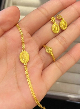 流金岁月小宝石手链女纯银镀黄金色椭圆牌双层手环手饰国风高级潮