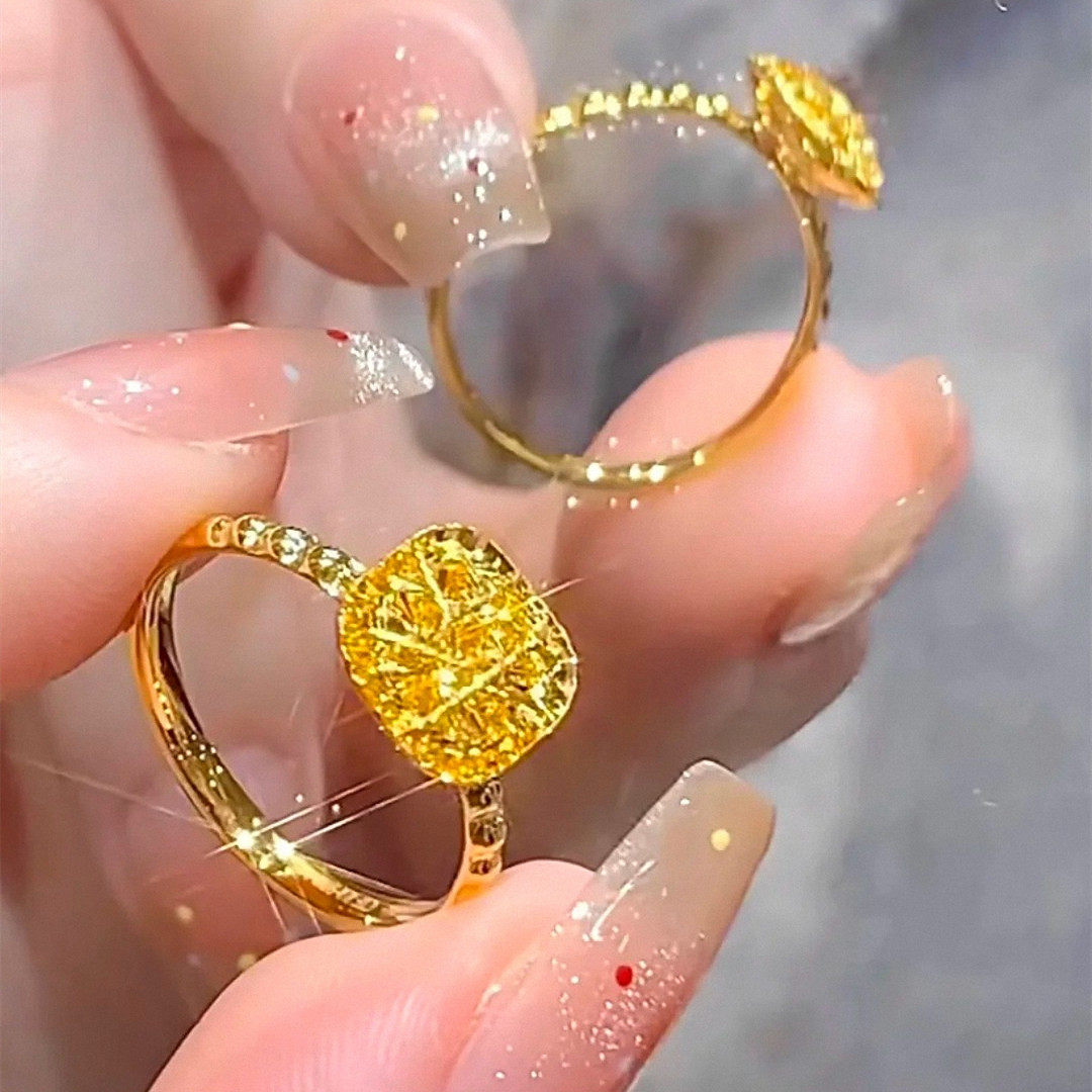 爆闪方糖戒指 女纯银镀18K黄金色方形方块指环送女友百搭婚嫁求婚图片