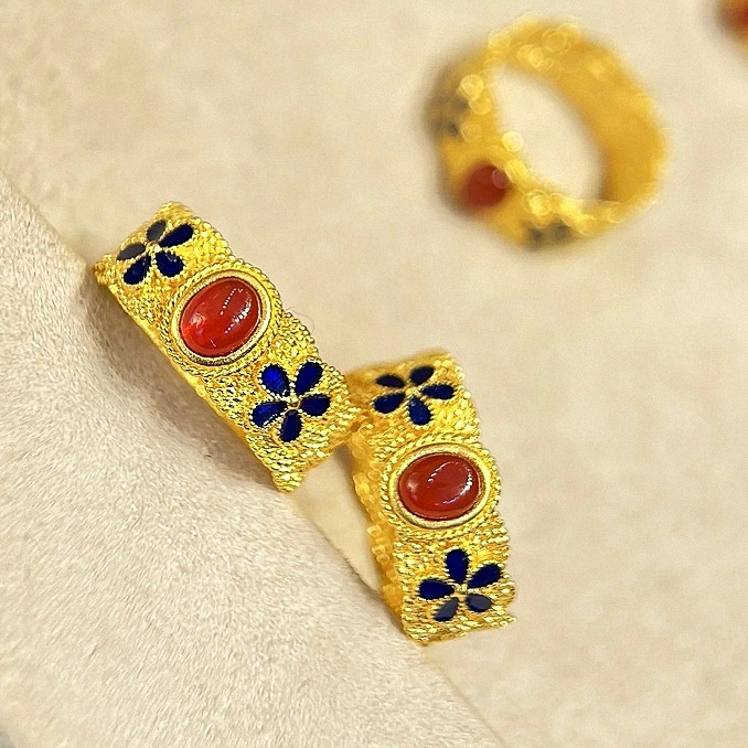 花丝龙凤华戒指 女纯银镀18K黄金色珐琅红蓝宝石拉丝指环复古国风