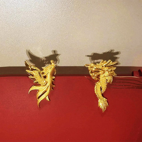 周先生有囍龙凤耳钉 女纯银镀18K黄金色生肖龙耳环耳饰婚嫁求婚潮