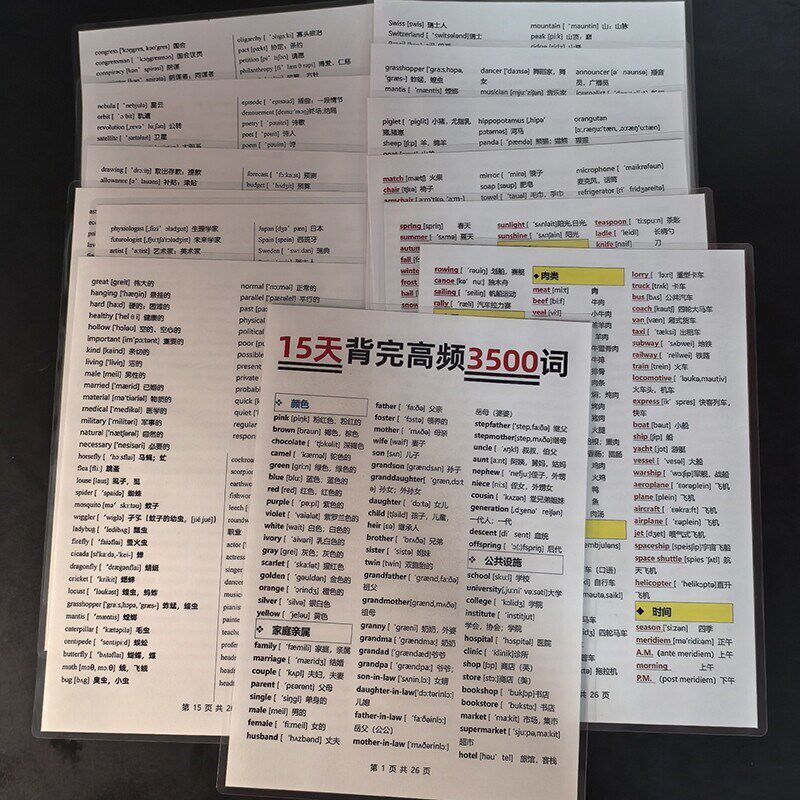 速发英语单字高频词汇500必背核心分类速记英语资料A4大卡双面防