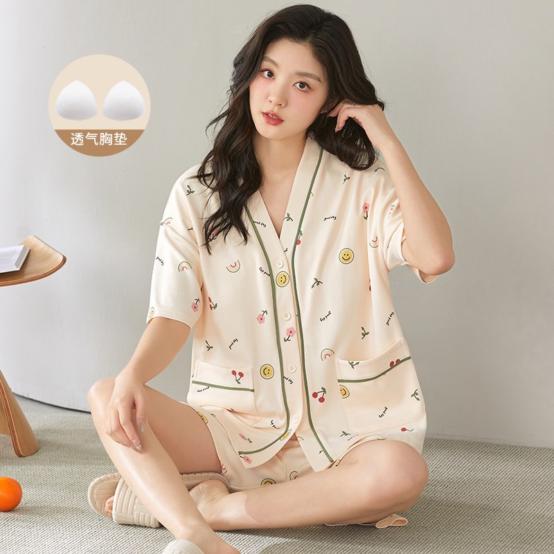 速发夏季开衫和服睡家薄装士自带胸垫一体衣居服套款夏天防凸点