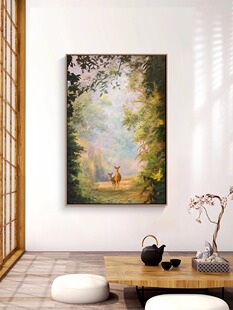 速发奶油风玄关挂画新中式林深见餐鹿厅客厅寓装美好森林意饰画