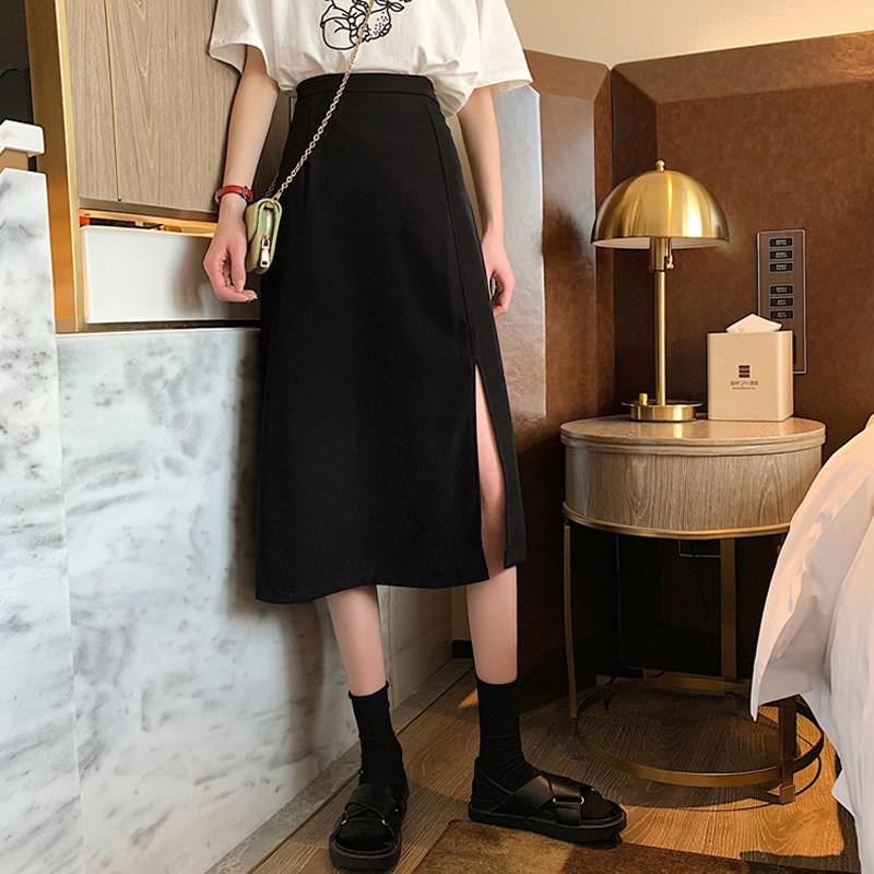 速发款中半身裙设计感小众胖妹妹mm宽松高腰开叉a字裙码长大潮