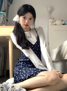 速发法式碎花吊带裙衣裙秋装藏款新蓝色长袖少感气质绝美连子