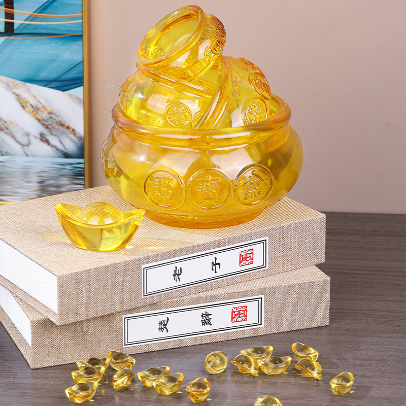 速发黄水晶聚宝盆琉璃元宝摆件招财金黄色进宝存钱罐家居摆设乔迁