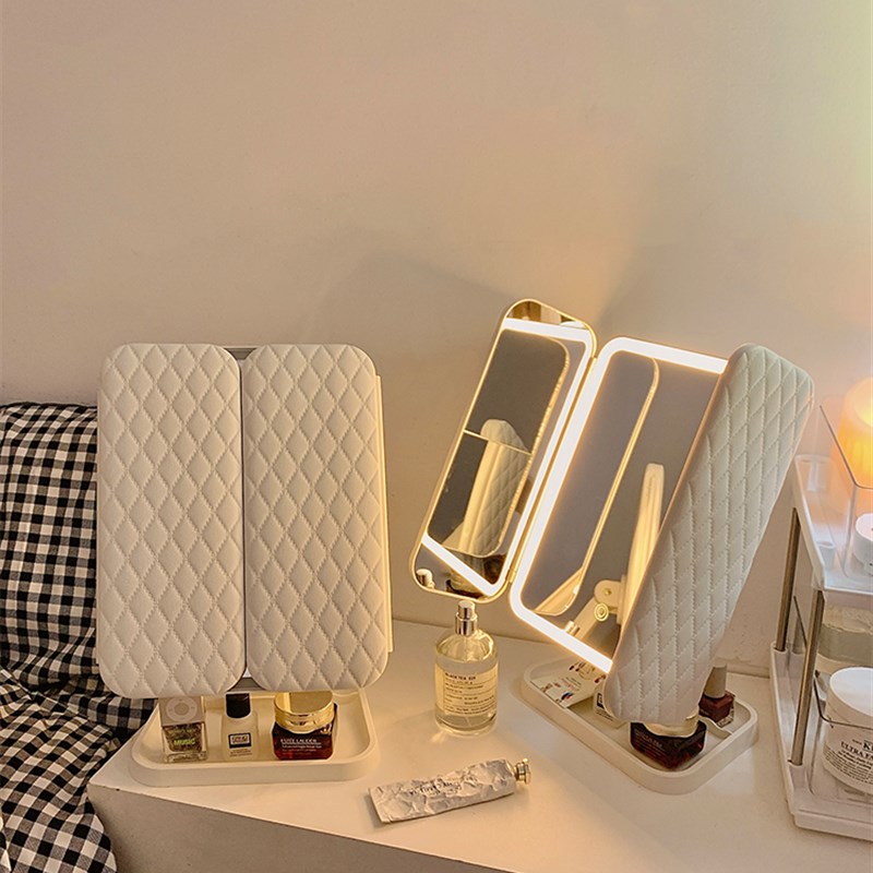 速发贝壳化妆镜带灯可式桌面折叠学生宿舍补台光调节双开门镜子