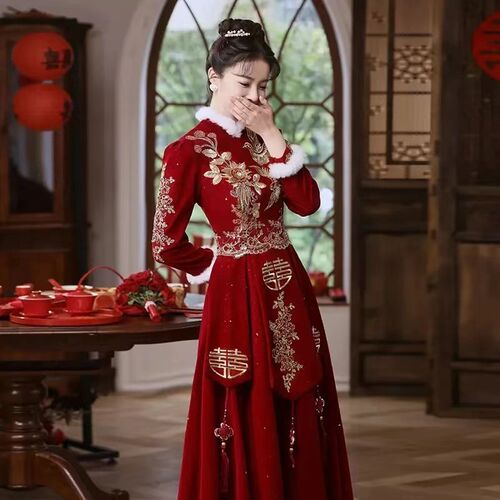 速发高级感孕妇新中式改良旗袍礼酒服新娘高腰遮肚子结婚服敬裙秀