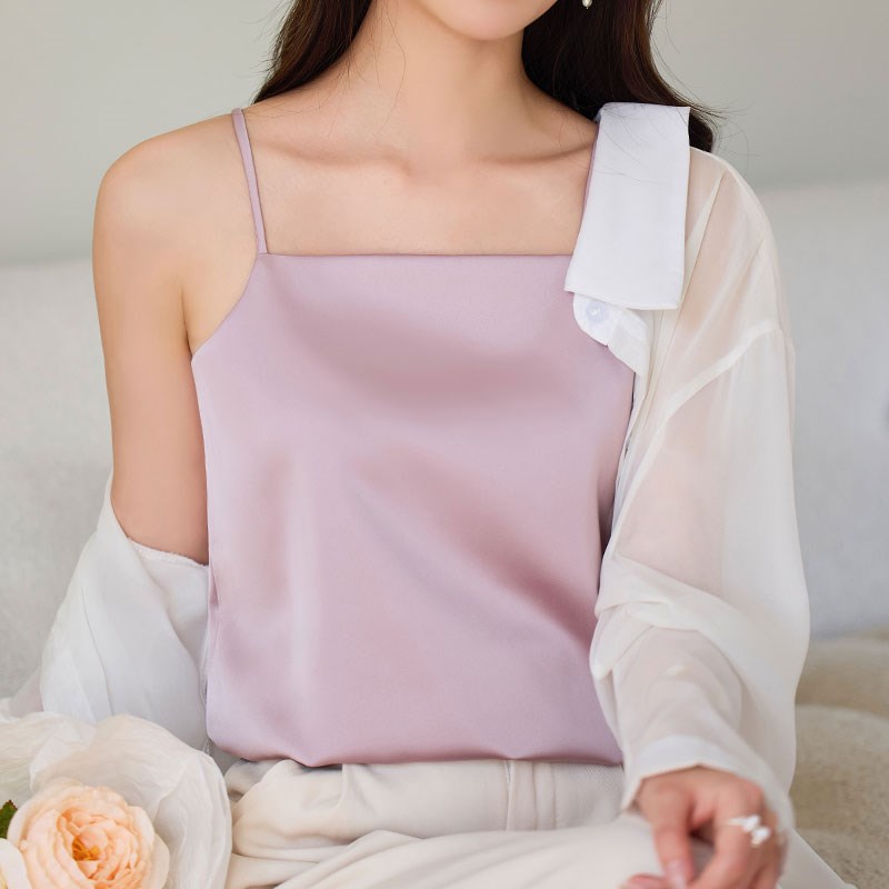 速发吊带缎心衣搭西服新款宽松白色打底背面丝上内夏天外穿