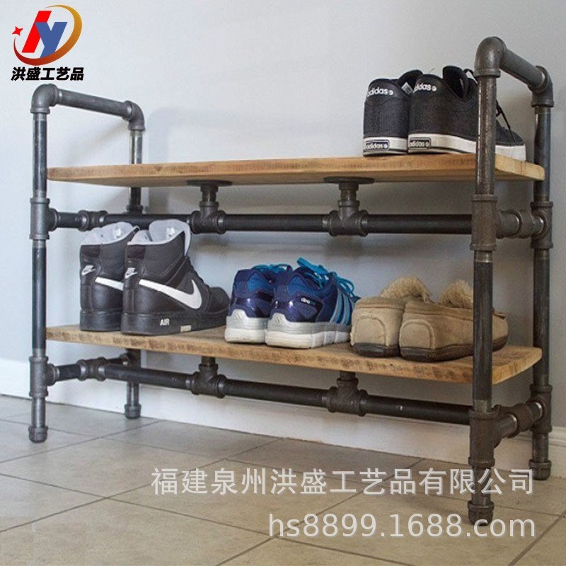 速发复古铁艺水管置灶架厨房厂台木制层架落地式门厅多层鞋架物家