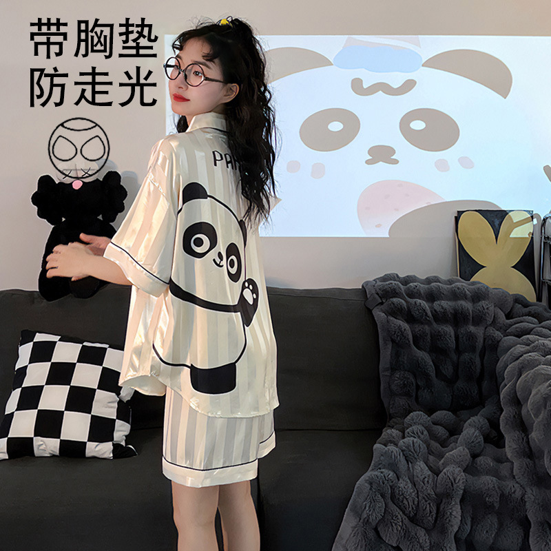 女士睡衣夏季冰丝短袖薄款仿真丝夏天开衫卡通大码家居服套装