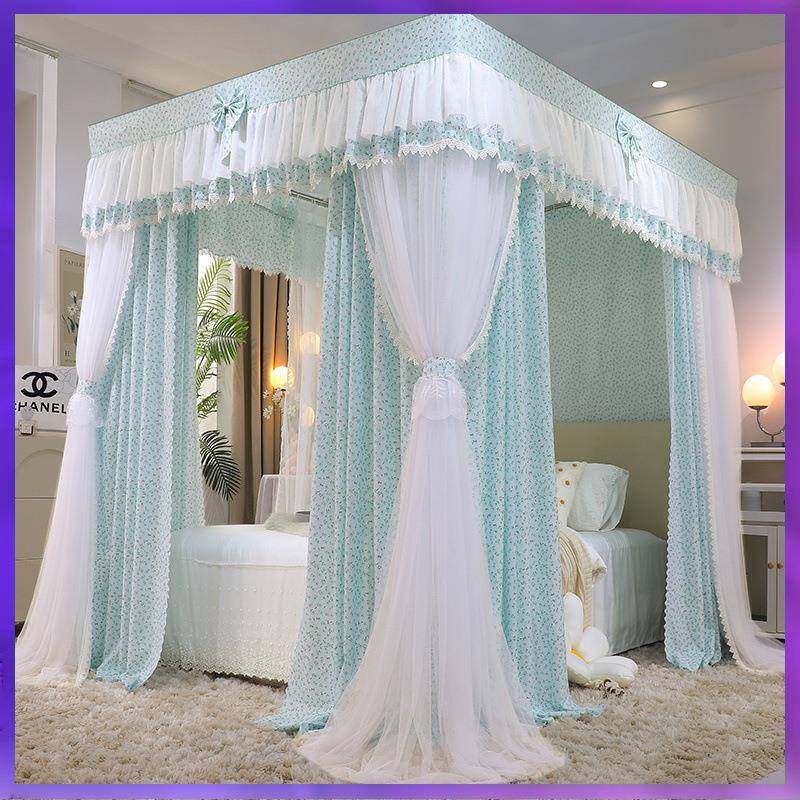 WG6Q新款双层遮光床帘蚊帐一体式三开门布帘家用宫廷落地公主卧室