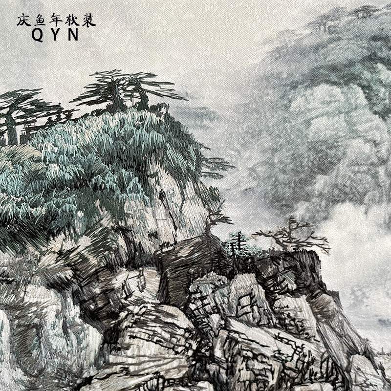 山水风景立体刺绣挂画客厅入户圆形装饰画大尺寸新中式玄关画寓意图片