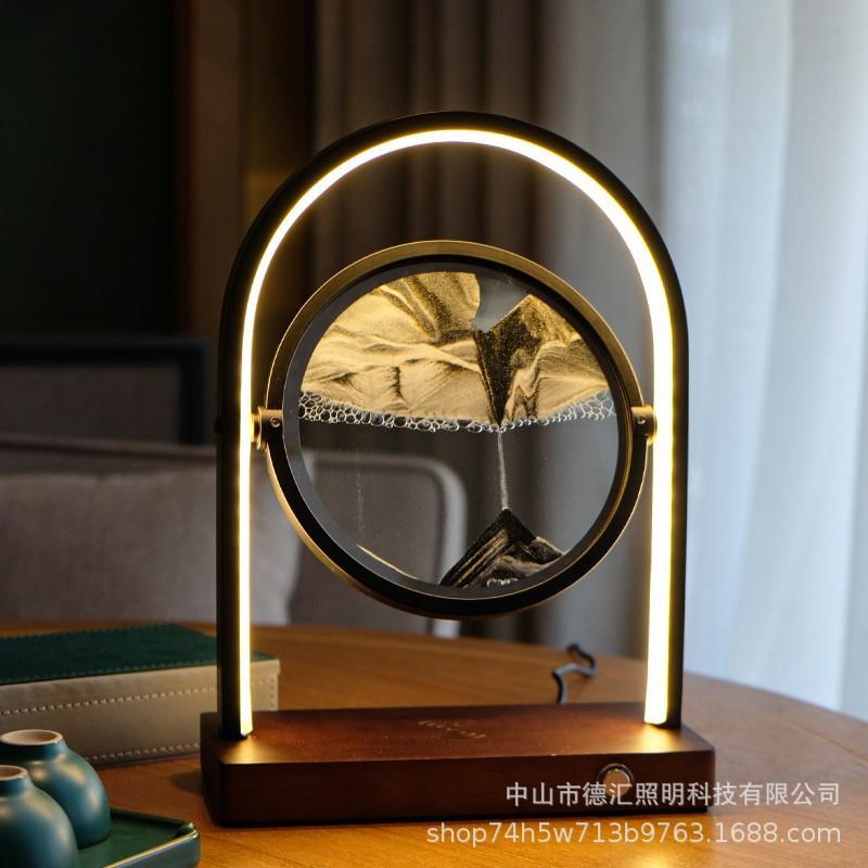 床头灯无线USB充电实木沙画灯装饰创意新款网红LED变光触摸台灯图片