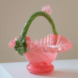 中古老货80s复古风蓝色拼色提壶花篮法式手工琉璃花瓶插花摆件