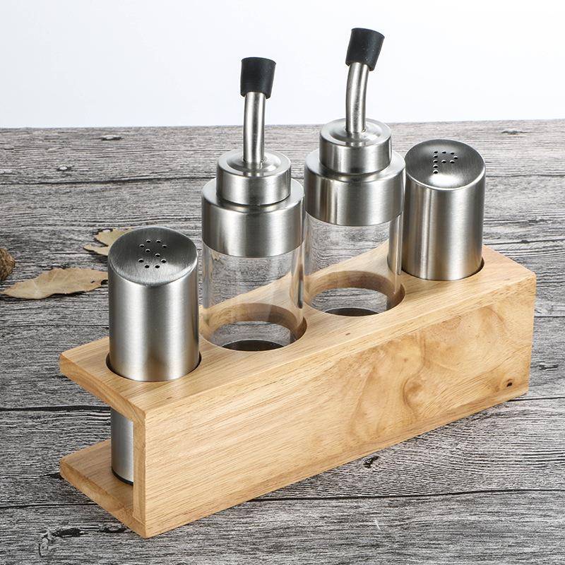 套304不套锈钢5件木座套装调料UJV瓶粉瓶瓶油装调味盒厨房工具