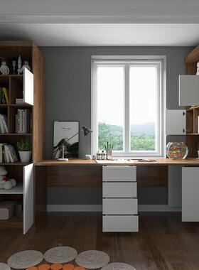 式柜电桌脑飘窗柜书桌书柜台一体靠墙组合卧室转角BL130带门双人