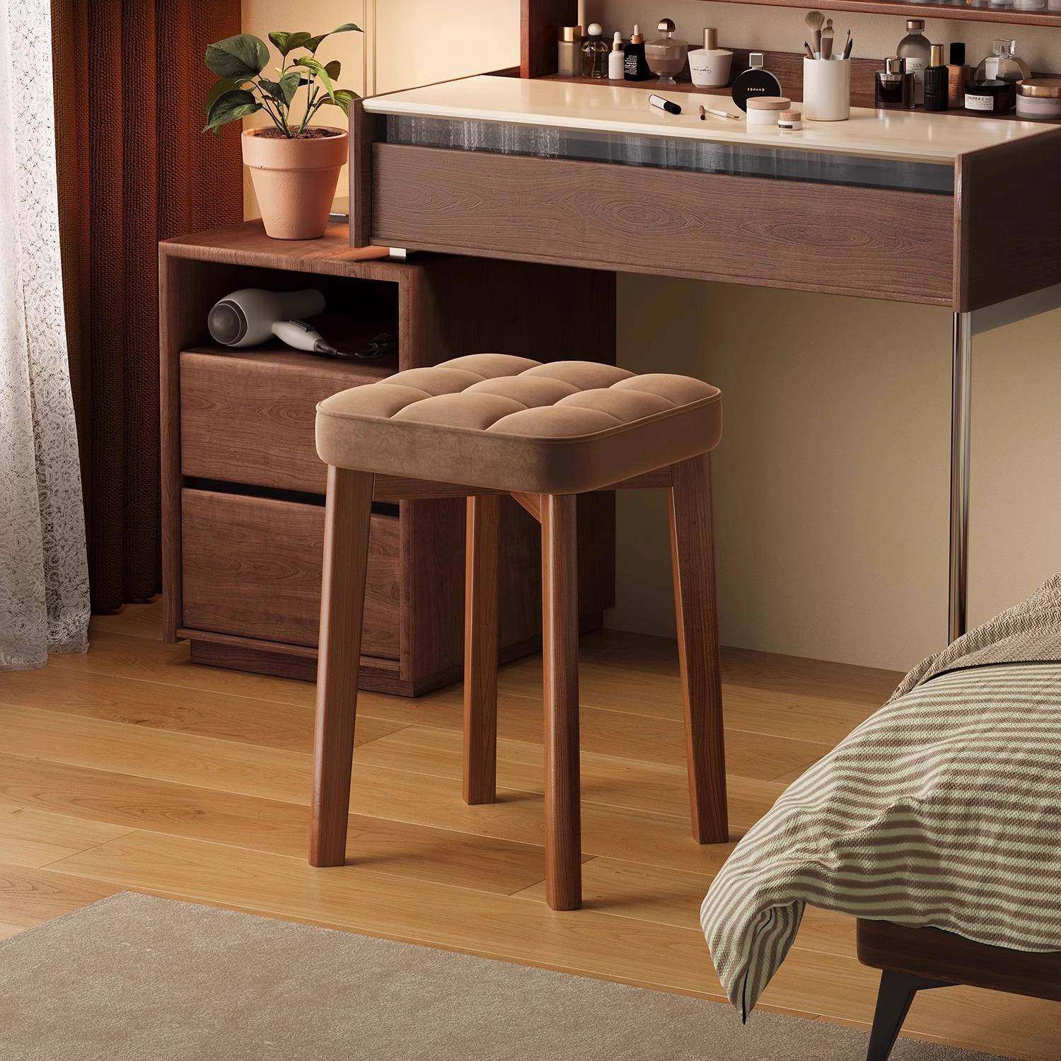实木化妆凳子家TPC用梳妆台单独椅子?生室不占卧空间软包板女凳可