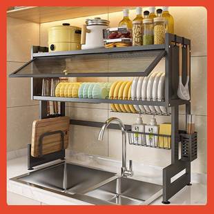 水?厨房槽置物架架台面沥水碗碟带柜门尘碗柜F$ph &aq多功能放碗