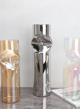 现代轻奢玻璃夹装扁花瓶花居器摆桌NYQ面摆件客厅餐厅样板间家饰