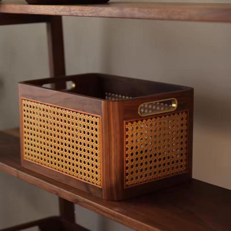 创意日式黑胡桃实木编纳收纳藤篮桌IAR面茶几床头书杂玩具整理收