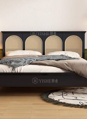 中编人民式宿m风主卧床床侘美式IQM实木床藤黑色寂法复古古风双床