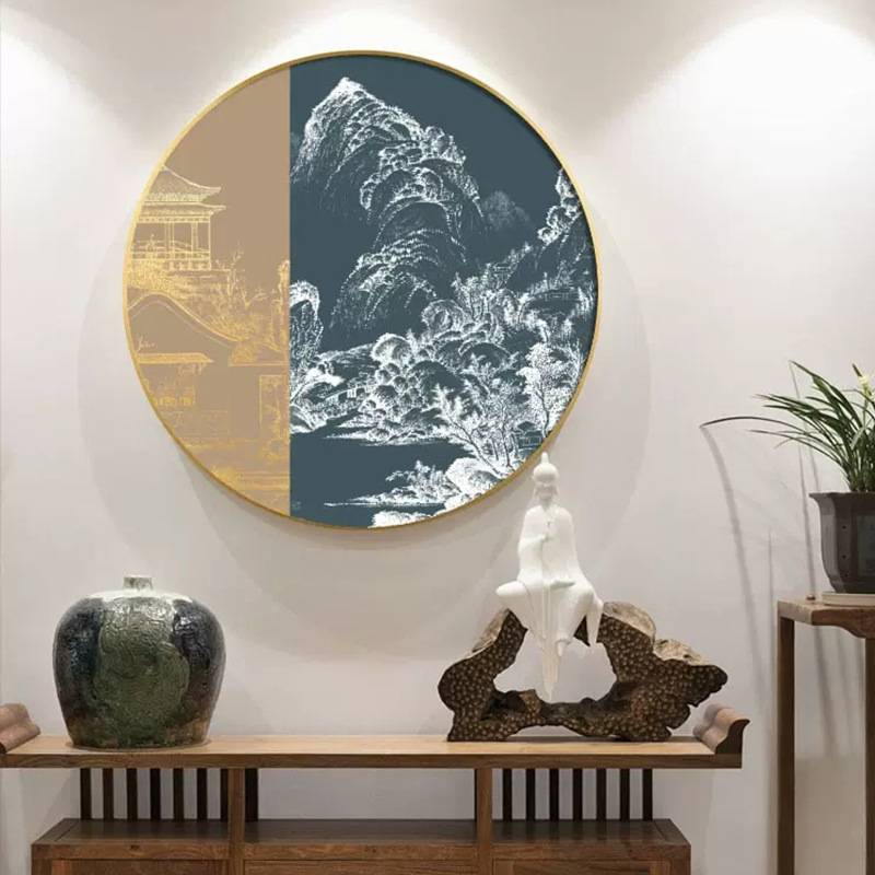 新中式圆形玄关装饰画山水过道走廊尽头挂画轻奢抽象秀丽山川壁画图片