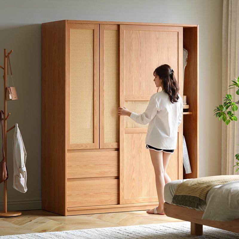 实橡推拉门衣木木推拉门衣柜藤编组合柜子家室小卧户型移门大衣用