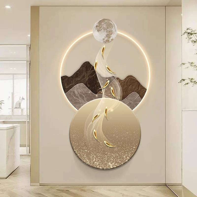 轻奢入户玄关装饰画九鱼图led灯挂画壁画简约现代竖版走廊带灯画图片