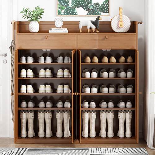 竹鞋柜带门鞋架带柜门实木家用经济型放室内多层家用宿舍门口简易