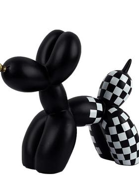 黑白棋盘格子金嘴气球狗摆件家居客厅电视柜软装饰树脂工艺品