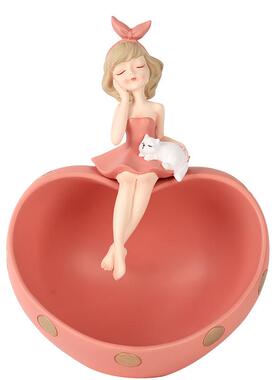 现代创意抱猫女孩心形收纳摆件入户玄关钥匙收纳客厅房间家居装饰