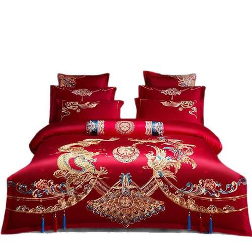 全棉婚庆四件套大红刺绣结婚六八十件套纯棉绣花婚礼喜被床上用品