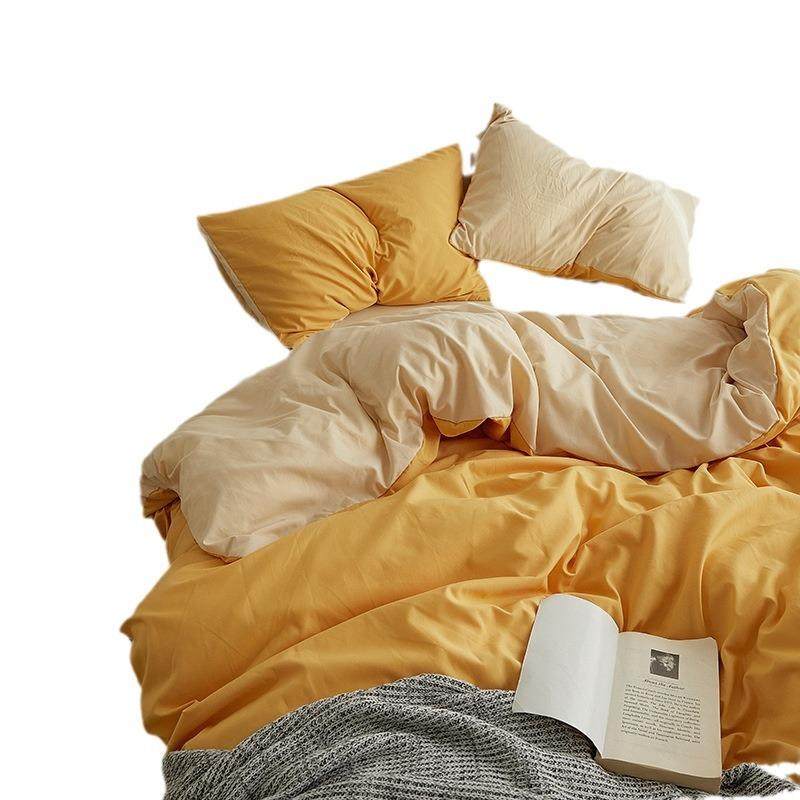 ins风纯色双拼水洗棉床上四件套学生宿舍床单被套床笠三件套