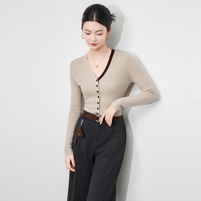 撞色V领针织衫羊毛长袖打底