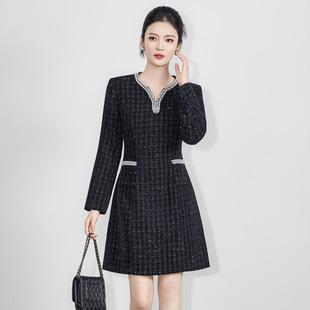 高级感亮片编织粗花呢羊毛小香风连衣裙女收腰显瘦a字裙秋冬新款