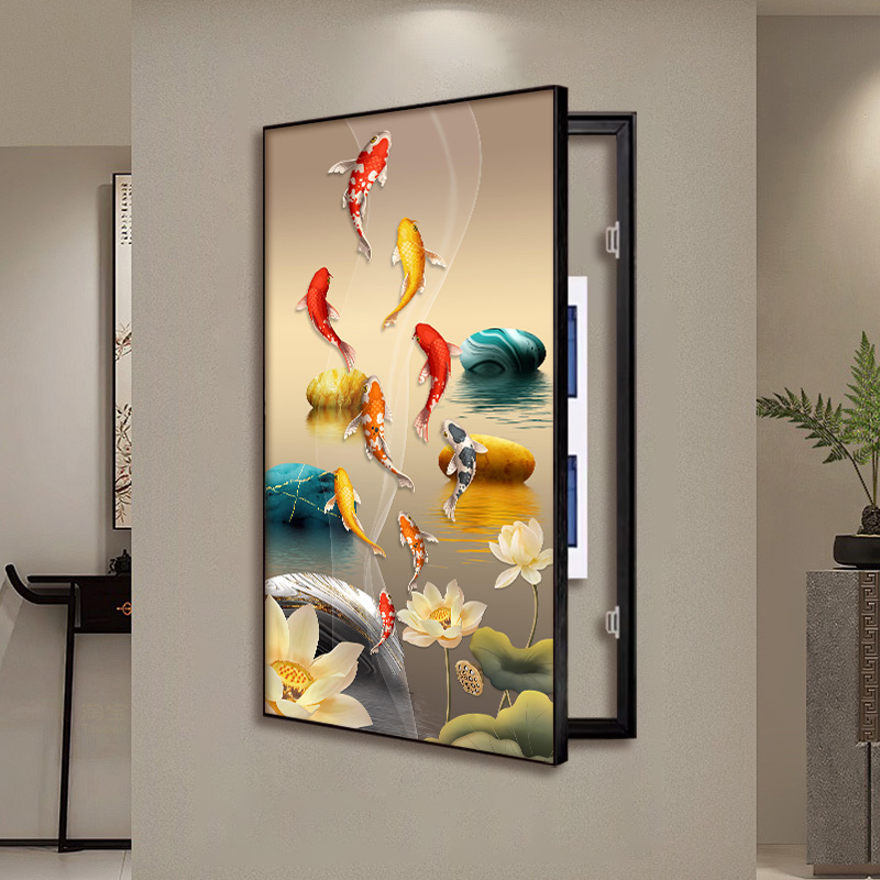 九鱼荷花大尺寸电表箱入户玄关装饰画挂画壁画简约现代走廊可开门图片