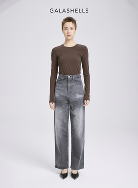 GALASHELLS水洗黑色高腰直筒牛仔裤 #0340501-BK2