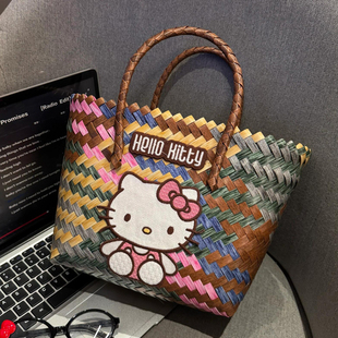 卡通仿藤编织菜篮子包KT猫野餐包手提单肩包大容量上班杂物小拎女
