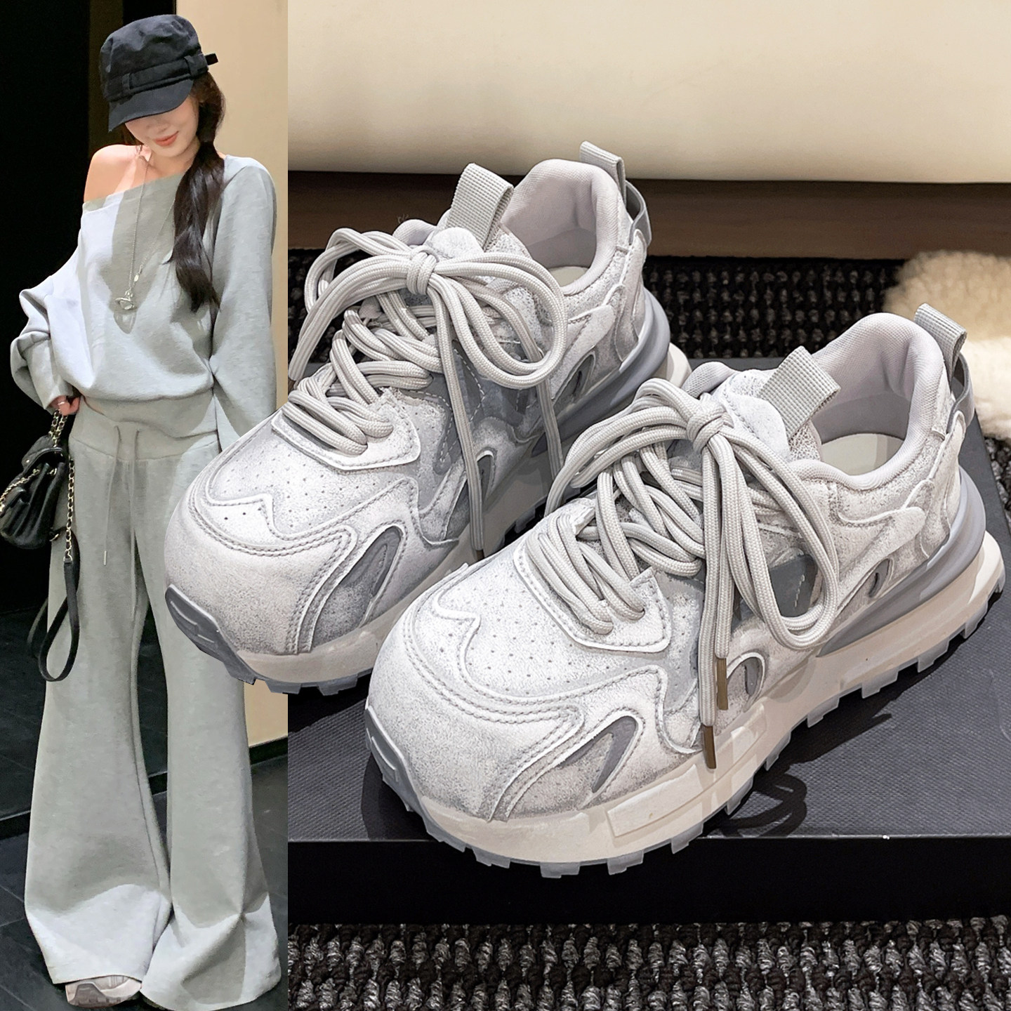 优兰意休闲厚底圆头百搭老爹鞋女