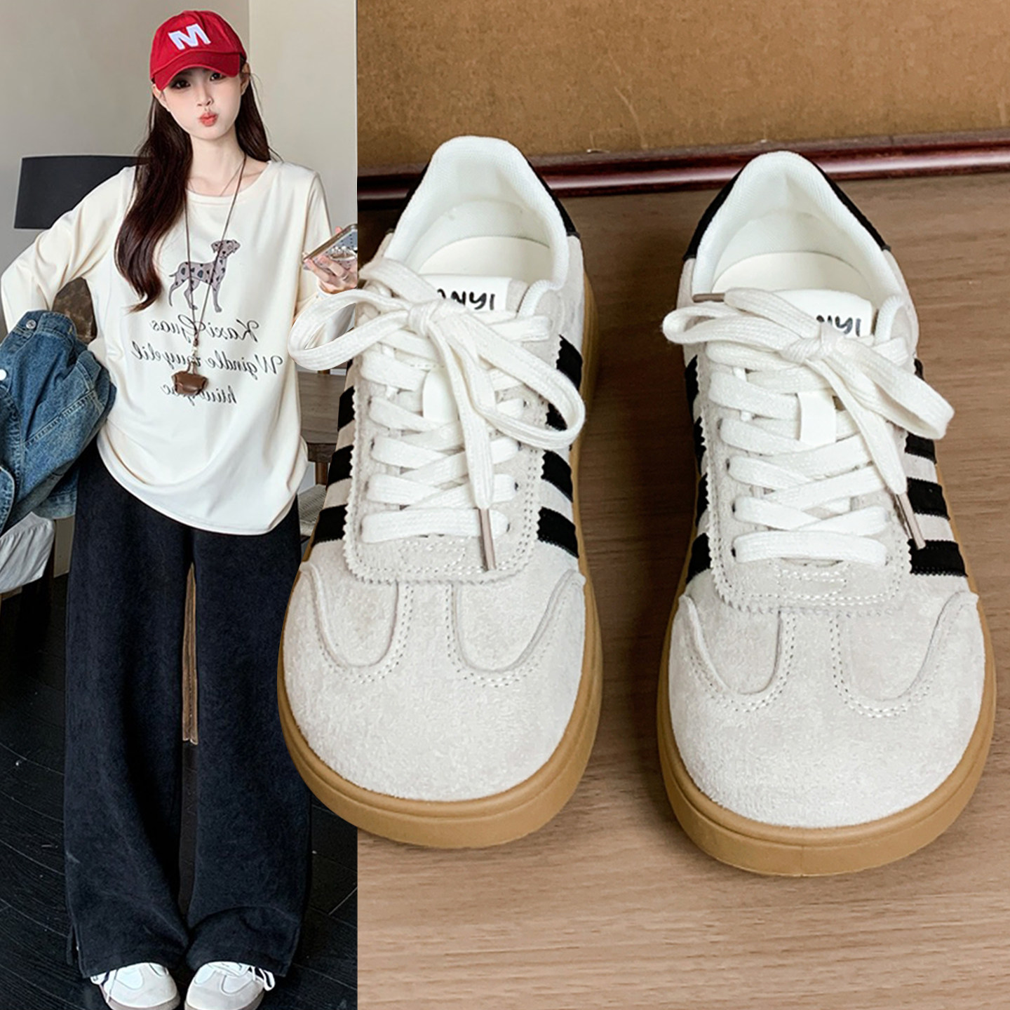 德训鞋女白色系带平底百搭休闲运动学生板鞋2026春季新款小白鞋子