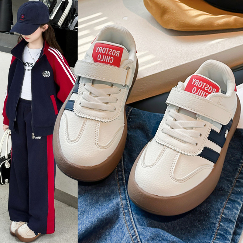 儿童魔术贴德训鞋男女童2025秋季新款平底百搭板鞋复古休闲运动鞋