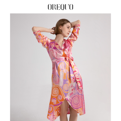 浴衣长款睡袍100%桑蚕丝印花系带