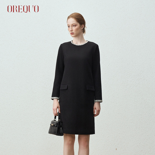 【92.5%绵羊毛】OREQUO HOLIDAY 黑色裙子圆领高级感小香风连衣裙