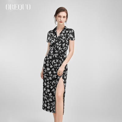 OREQUO HOLIDAY法式碎花连衣裙女复古短袖V领海边度假风修身裙子