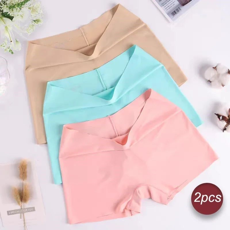 2Pcs Women Ice Silk Boxer Panties Cotton Crotch Antibacteria