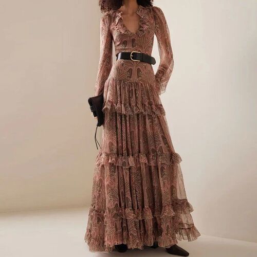 Evening Dress Women Fashion Printed Mesh Pleated Long Dress