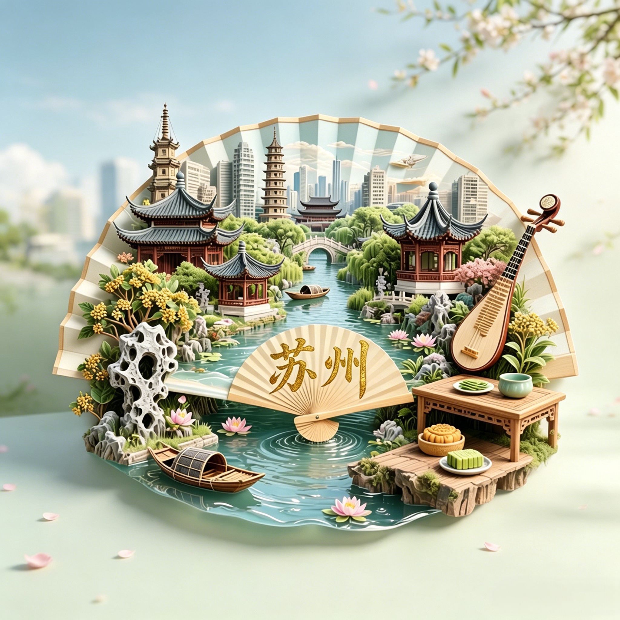 苏州冰箱贴文化主题文创纪念品扇形金属3D浮雕磁吸冰箱贴苏州园林图片