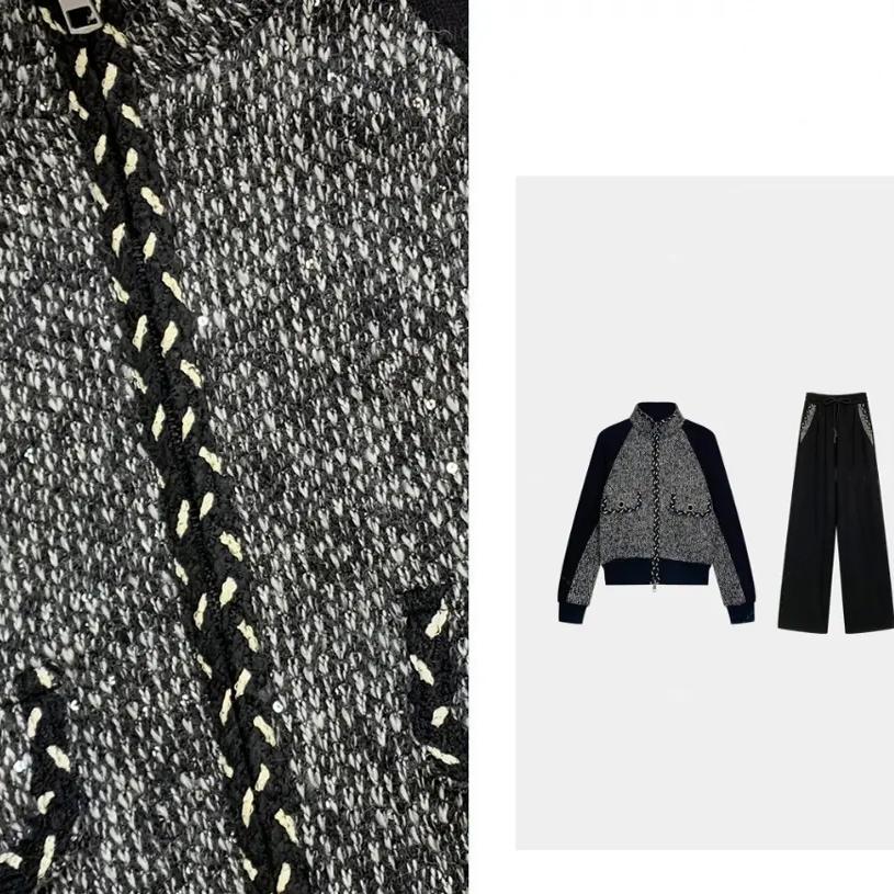 【绵羊毛+羚羊绒+天丝】新款时尚拼接撞色休闲套装Y0032410958